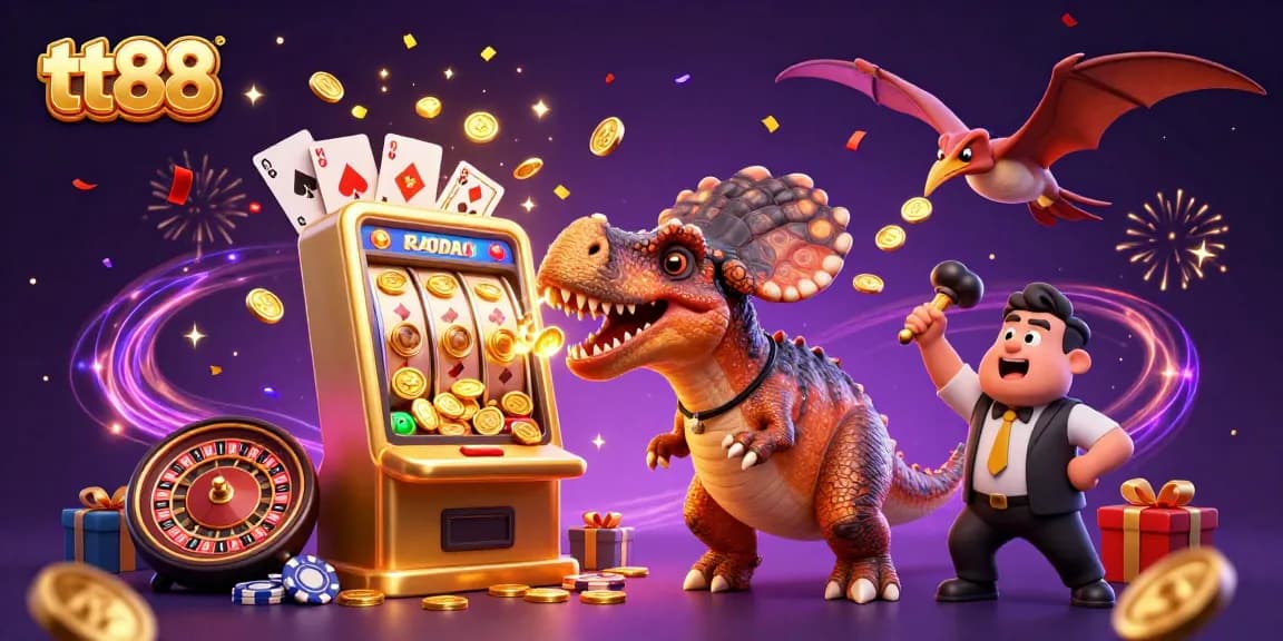 tt88 spins with excitement as gold coins rain down from a jackpot slot, captivating casino gaming scene