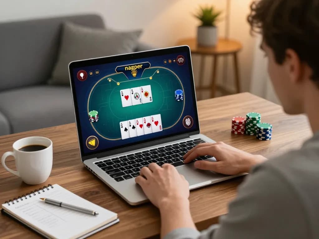 Player engaged in nagapoker online gameplay, showcasing strategy and comfort in home setting