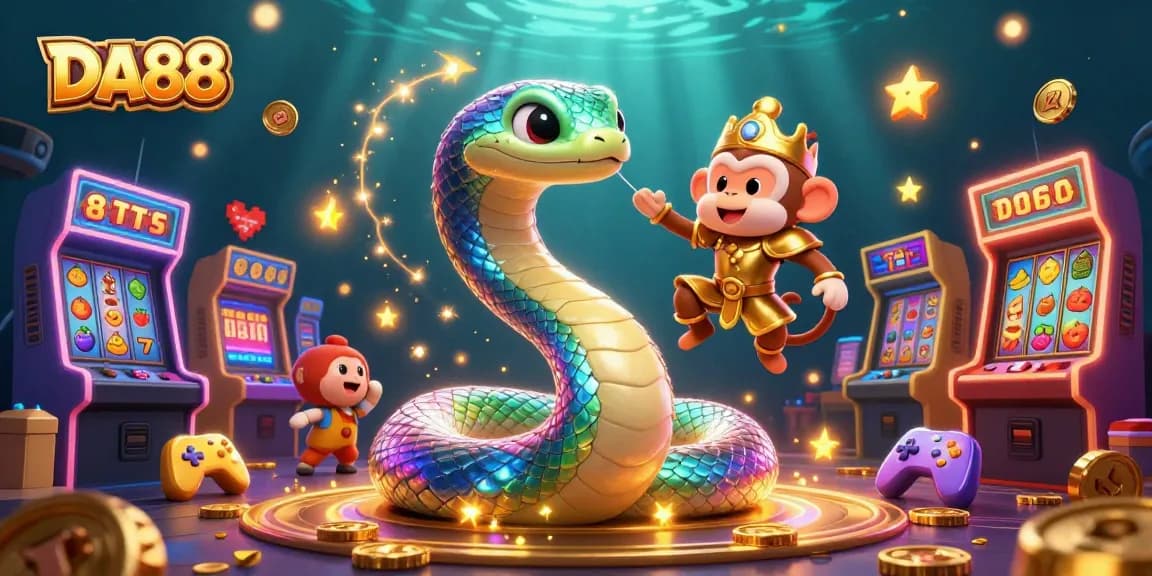Experience DA88's exciting slot features with an illustrated rainbow serpent, golden monkey king, and vibrant games.