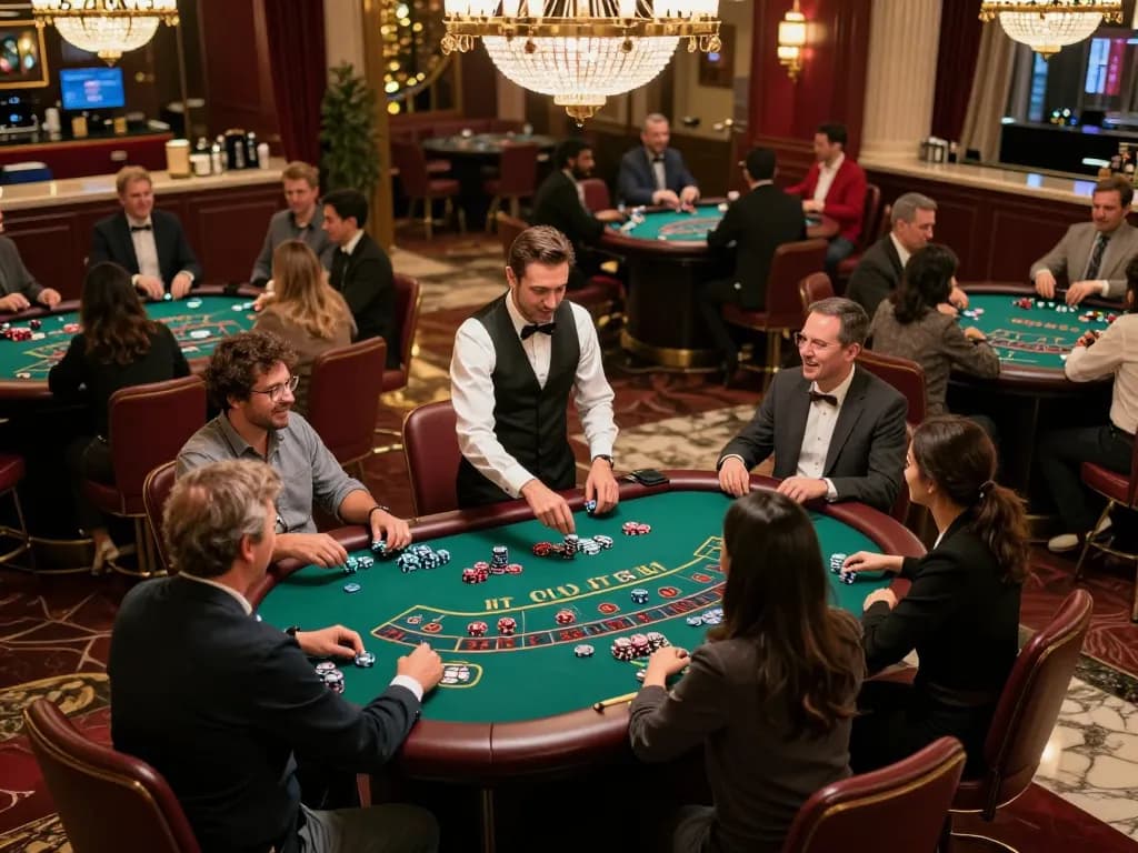 SC88 players enjoying a lively game of blackjack in an upscale casino, showcasing excitement and strategy.