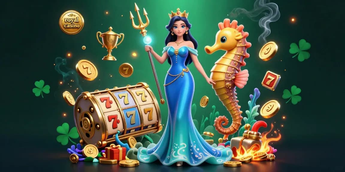 Experience royal casino excitement with a glamorous woman and underwater treasures in a vibrant gaming scene.
