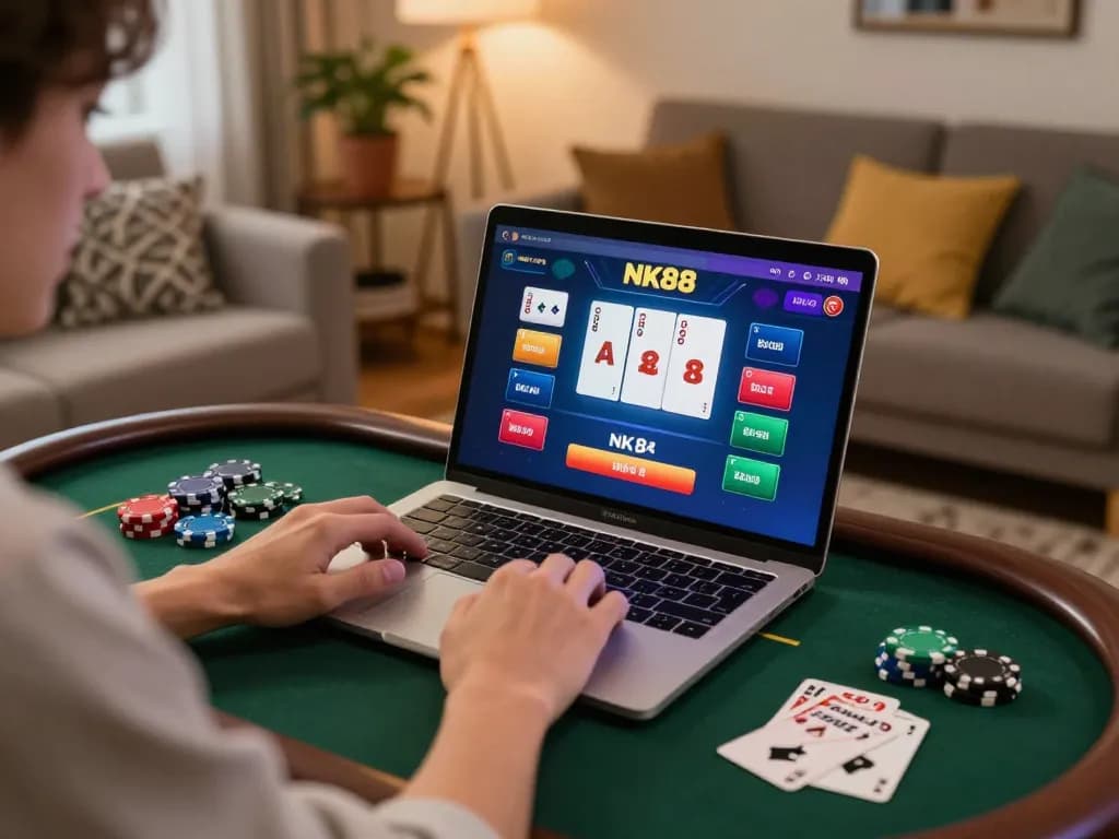 Engaging in an nk88 bet online casino session, highlighting interactive gaming experience on a laptop in a cozy home.