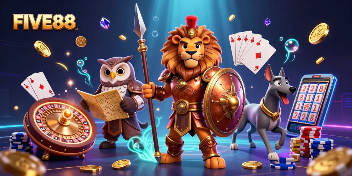 Experience unbeatable gameplay with FIVE88 in a dynamic casino scene filled with sparkling elements.