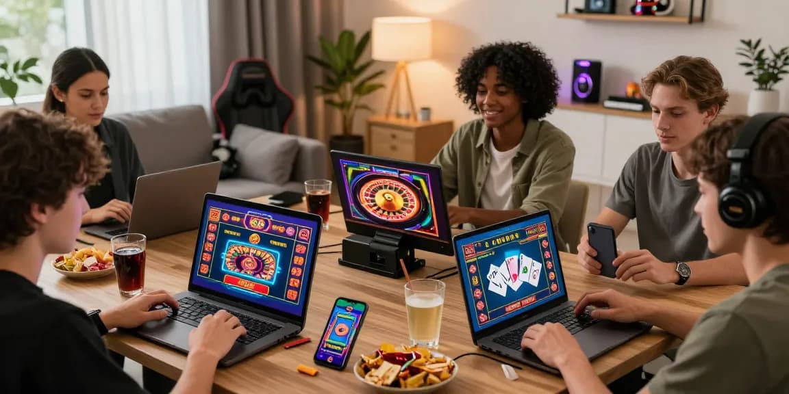 Exciting scene of diverse players enjoying online casinos Australia with vibrant graphics and engaging games in a cozy setting.