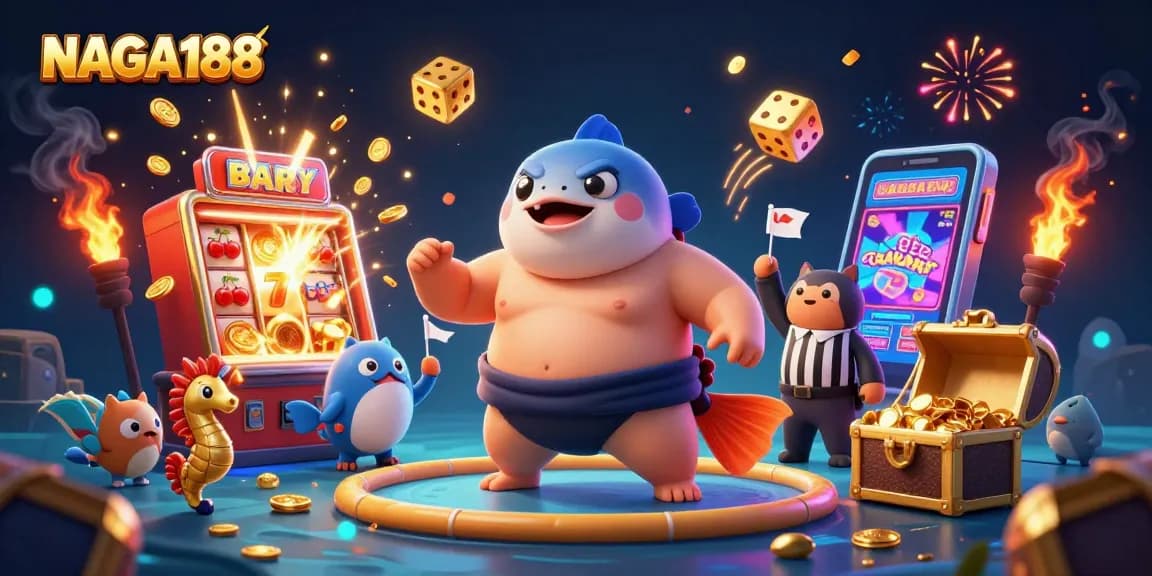 NAGA188 menampilkan fugu dengan karakter lucu dalam ilustrasi 3D kartun kasino, dikelilingi simbol slot menguntungkan.