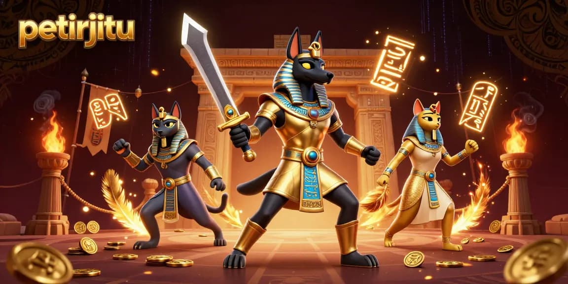 Menangkan permainan di petirjitu dengan petarung Anubis dan kucing Bastet serta elemen kasino yang menarik.