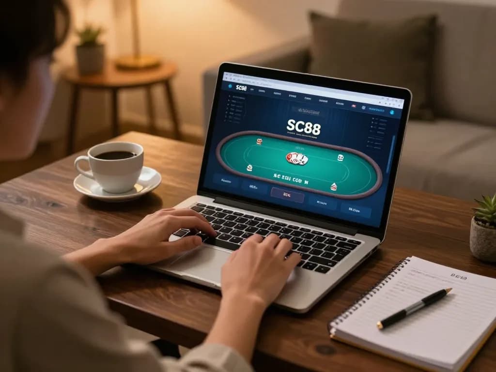Person engaged in online gambling on SC88 Com laptop with strategy notes visible in a cozy living room setting.