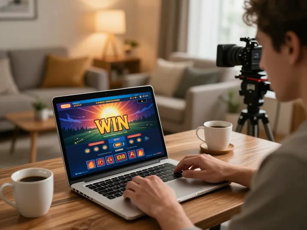Engaging in thrilling sun win games on a laptop in a cozy home setting