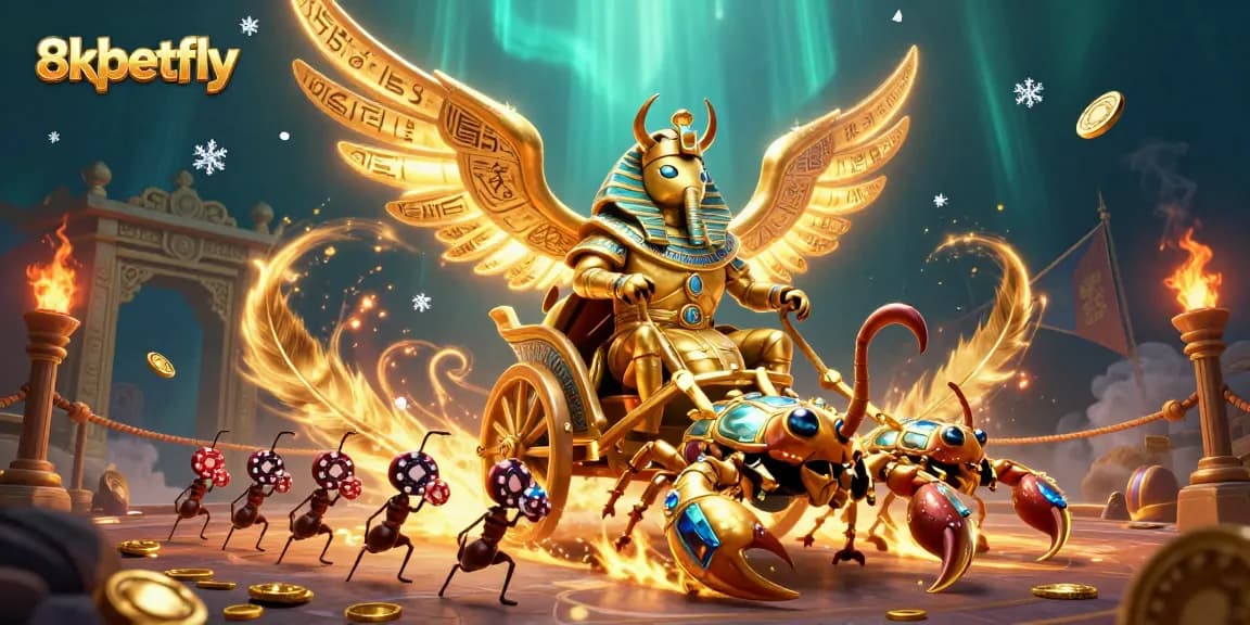 Engage with 8xbetfly as a colossal golden scarab beetle rides into the casino arena, surrounded by vibrant gaming elements.