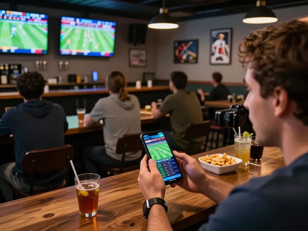 Engaged sports fans placing bets on their smartphones while enjoying live games at a bar, gameradar twists excitement into betting.