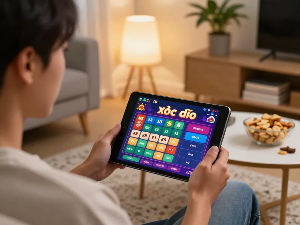 xóc đĩa online gameplay on tablet in a cozy living room setting