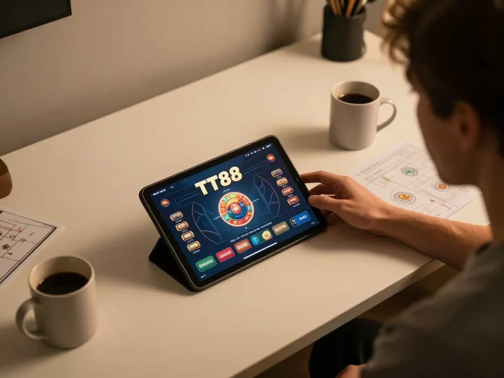 Engaging with TT88 casino games on a tablet during a cozy home gaming session.