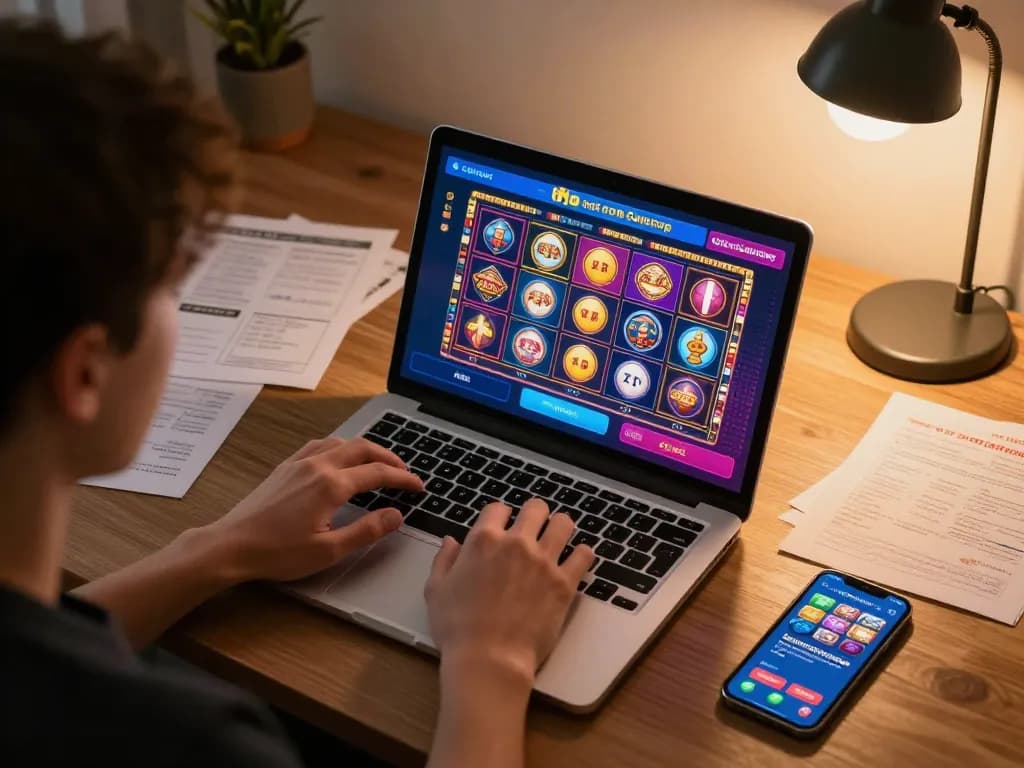 Engaging in gameplay at casinos not on Gamstop on a laptop while surrounded by gaming notes.