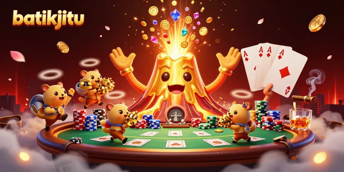 Batikjitu menarik perhatian dengan gunung emas berapi menumpahkan harta karun dan pemain poker di latar belakang yang bersemangat.