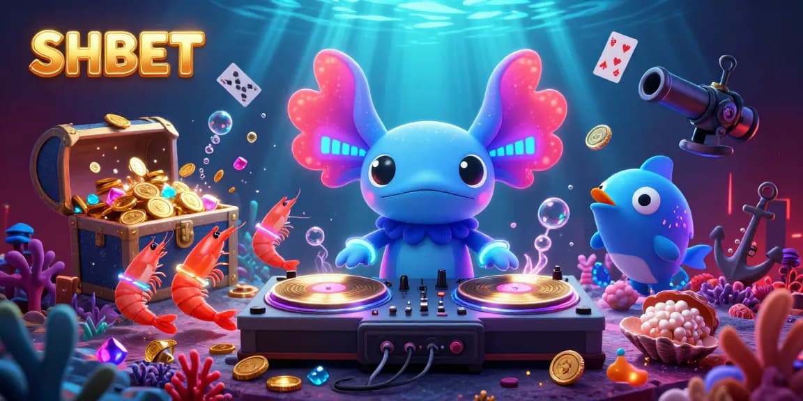 SHBET entertainment scene featuring a vibrant axolotl DJ and lively undersea characters amidst energized casino elements.