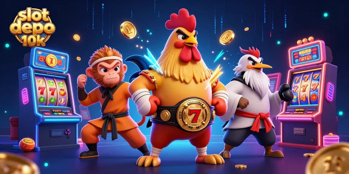 Experience excitement with slot depo 10k as the Muay Thai rooster and Shaolin monkey join in a vibrant casino scene.