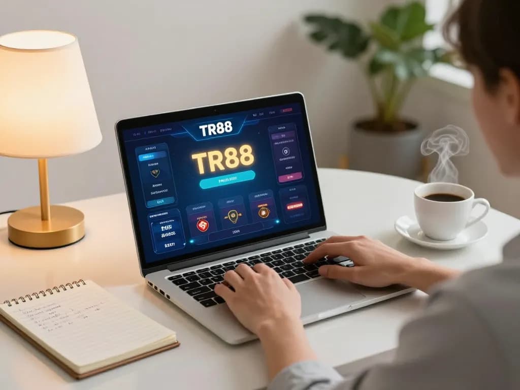 Playing TR88 online casino at home with strategic notes and a cozy ambiance