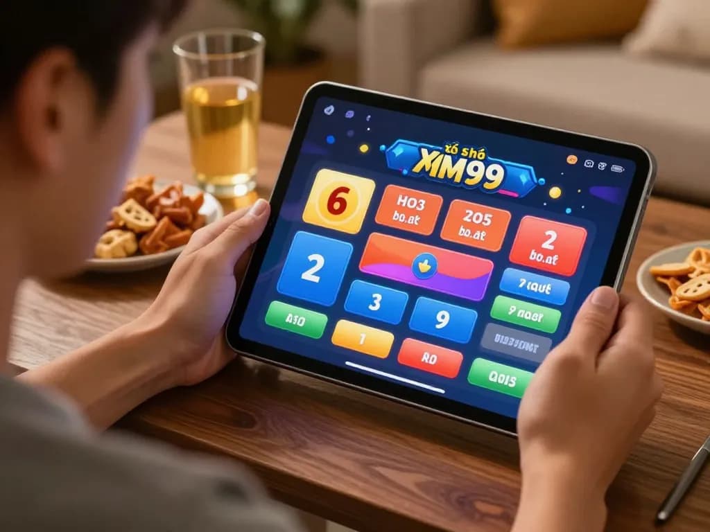 Xổ Số MM99 player interacting with lottery interface on a tablet in a cozy home setting.