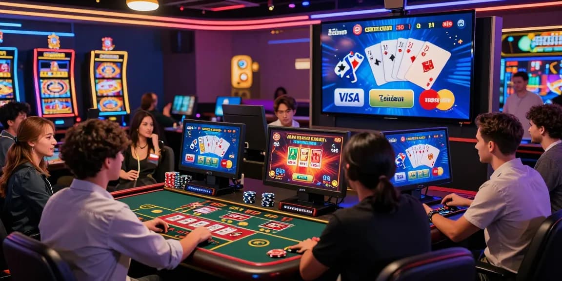 Engaging scene of players at credit card casinos UK with modern devices and vibrant atmosphere.
