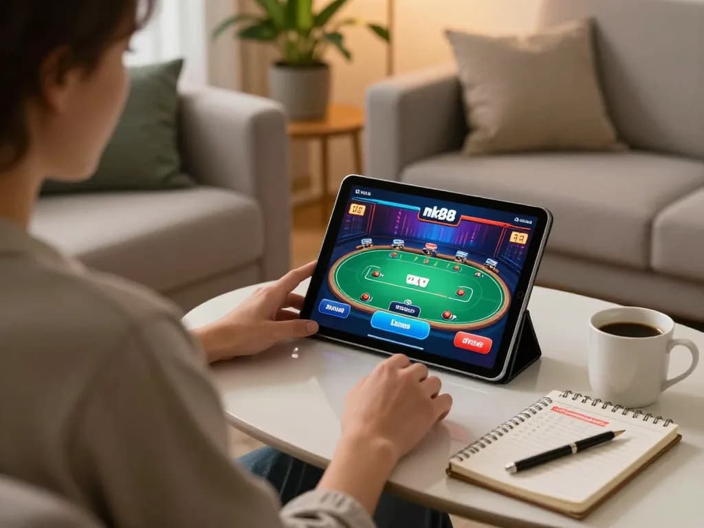 Engaging in nk88 bet strategy with vibrant poker game on tablet in a cozy home environment.
