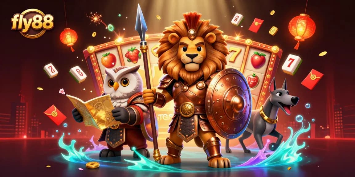 Experience the thrill at fly88 slots with spinning reels and lucky symbols in this vibrant illustration.