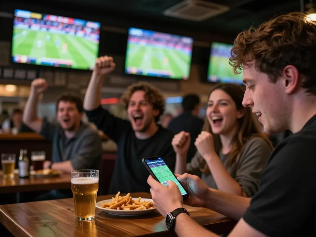 BONGDALU sports betting excitement as patrons cheer while placing bets on their smartphones in a lively bar