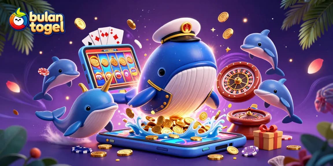 Bulan togel menunjukkan paus raksasa bercorak pelaut dalam lautan koin, dikelilingi elemen kasino.