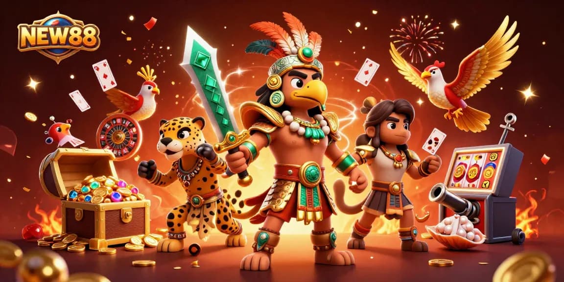Experience the excitement of NEW88 with dynamic casino elements and vibrant characters in this illustrated scene.