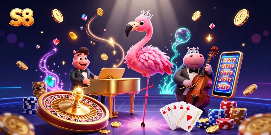 S8 engages players with vibrant casino action featuring coins, cards, and lively characters.