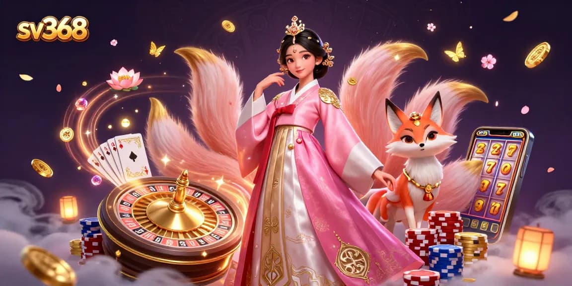 Experience the excitement of sv368 with a vibrant 3D illustration of casino elements and lucky symbols.