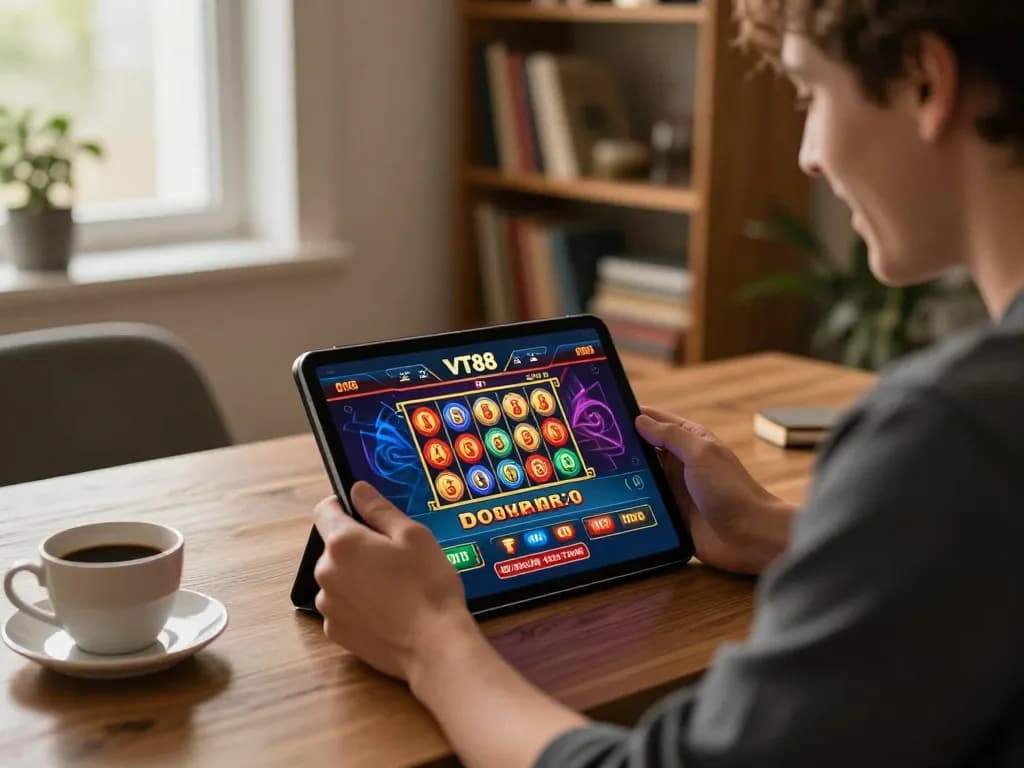 VT88 user engaging in online casino gaming, vibrant interface showcasing exciting slots.