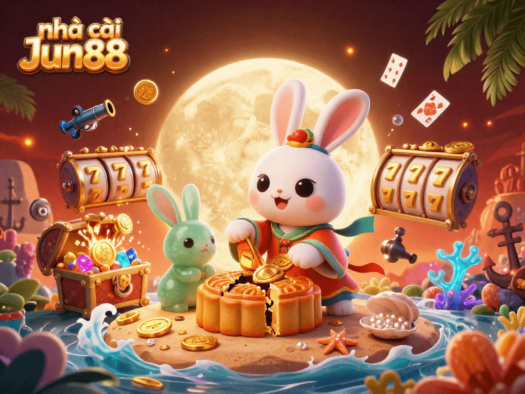Experience excitement with nhà cái Jun88 as the moon rabbit reveals poker chips from mooncakes in an enchanting 3D scene.