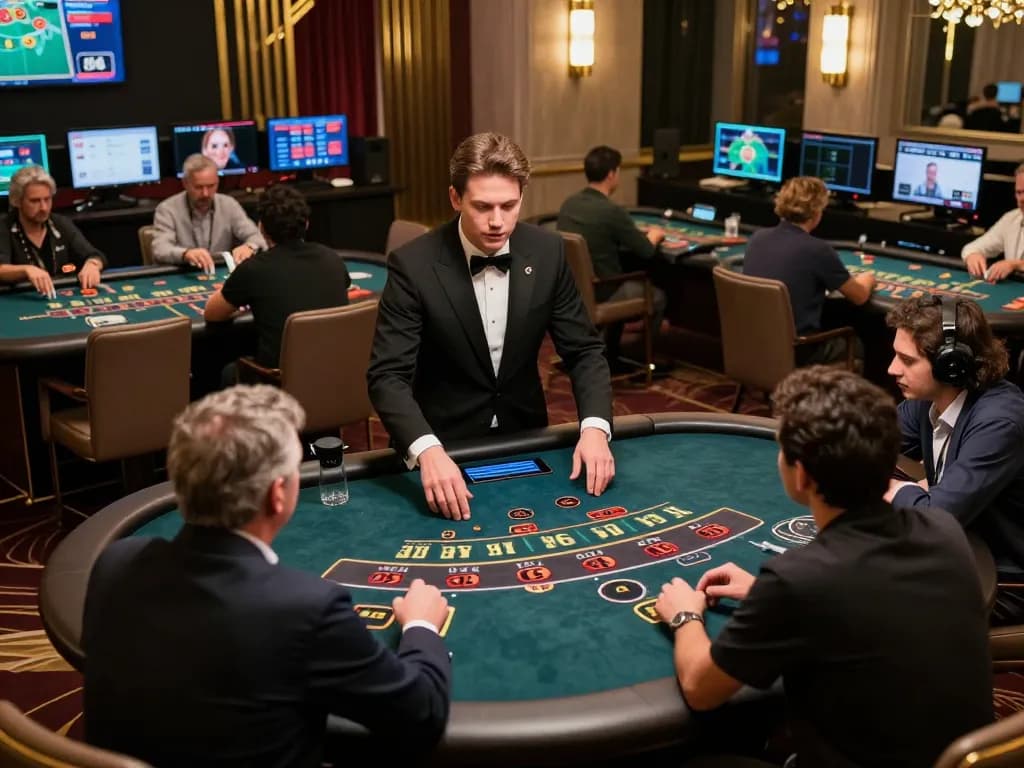 Người chơi lucks8 đang tận hưởng blackjack trong một không gian casino trực tiếp đầy màu sắc