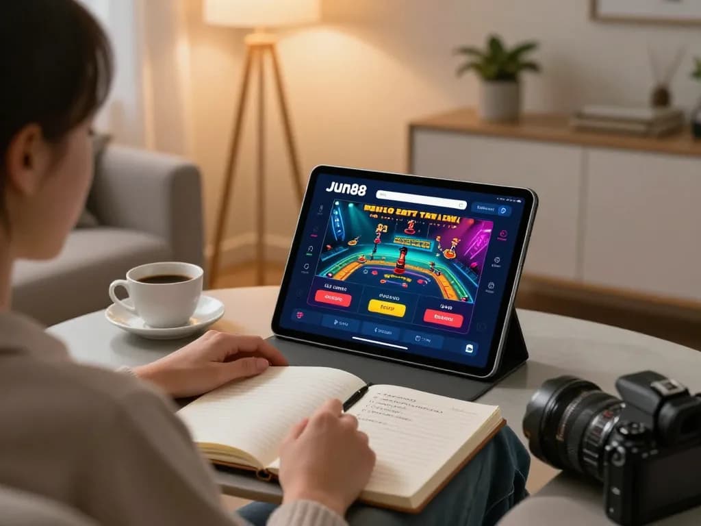 Player enjoying slot games on Jun88 tablet app in a cozy modern setting