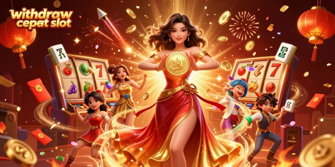 Experience the thrill of "withdraw cepat slot" with jackpot symbols, golden coin bursts, and party atmosphere.