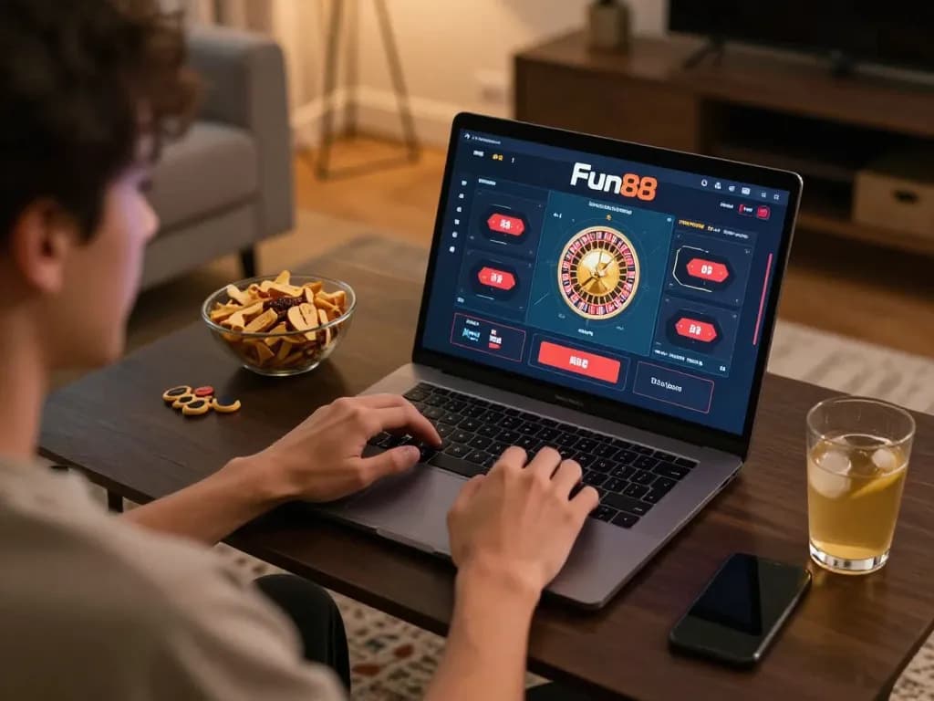 Player engaged in fun88 online casino gaming at home with focused atmosphere