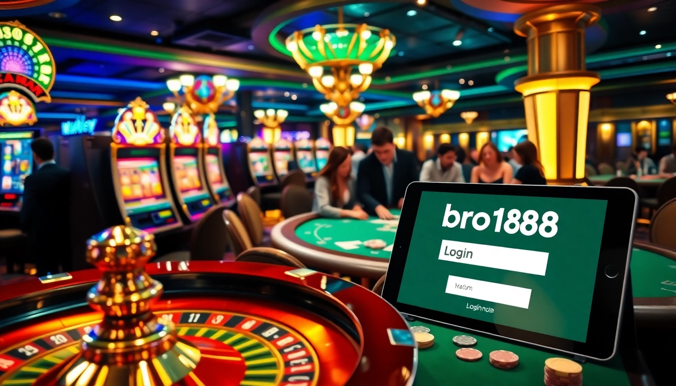 Experience the thrill of online gambling with bro138 login at a luxurious casino setting featuring slot machines and poker tables.