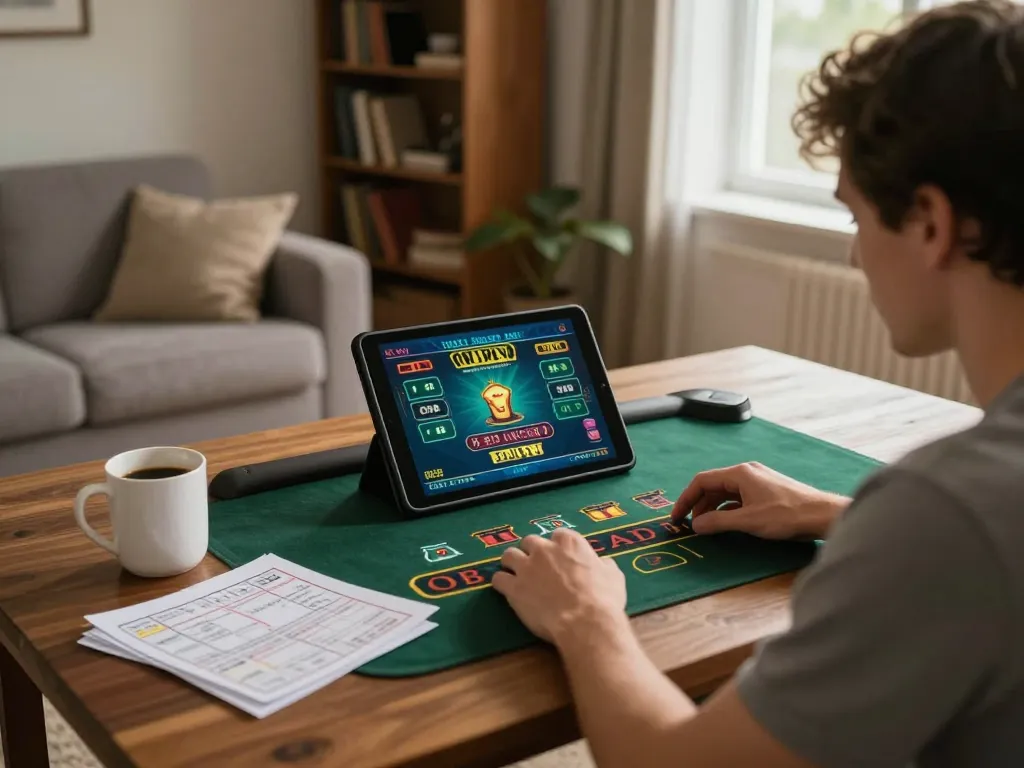 3win player engaging in live dealer game on tablet in cozy home setting