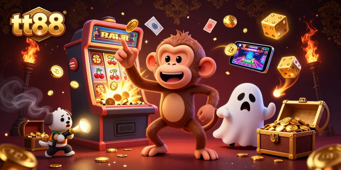 tt88 offers thrilling jackpot rewards as a mischievous monkey juggles winning symbols in a captivating casino scene.