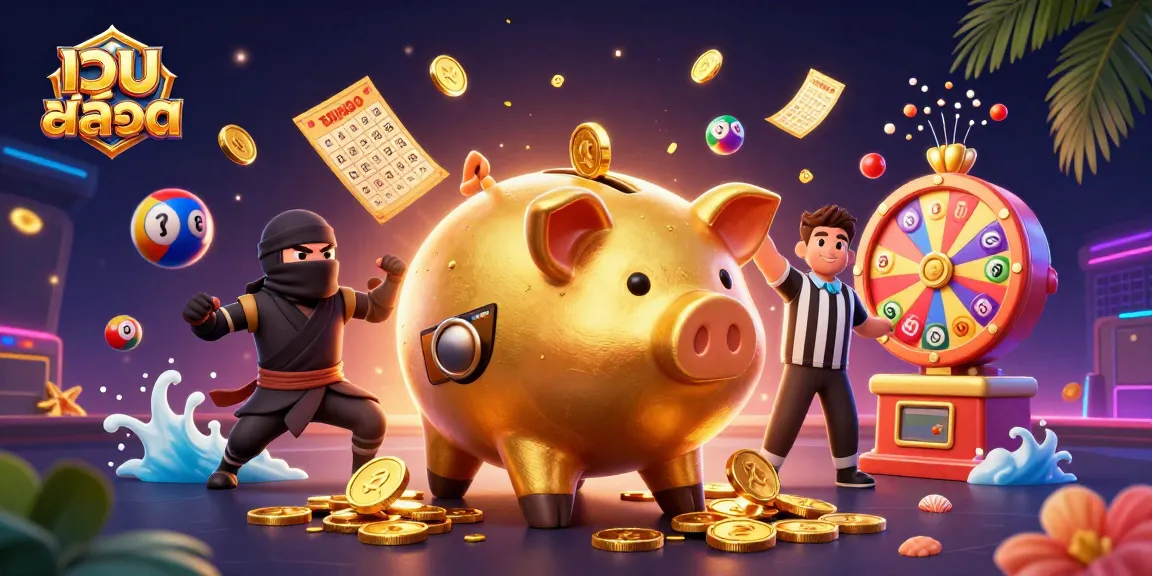 Experience เว็บสล็อต excitement with a dynamic scene featuring a golden piggy bank sumo wrestler and lottery elements.