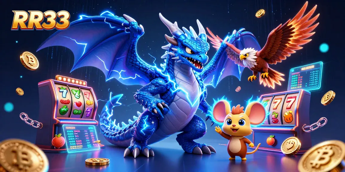 Spin to win with RR33 in an electrifying 3D casino scene filled with dragons and magical jackpots.