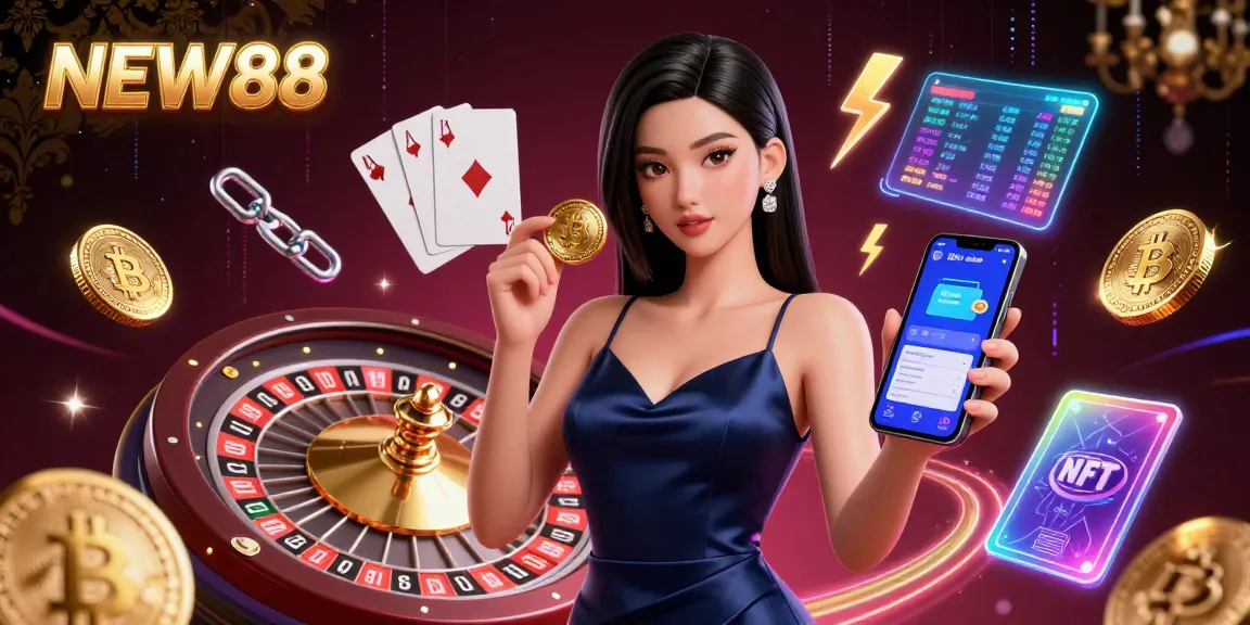 Win at NEW88 with a stunning Asian woman holding chips and a smartphone, surrounded by vibrant casino elements.