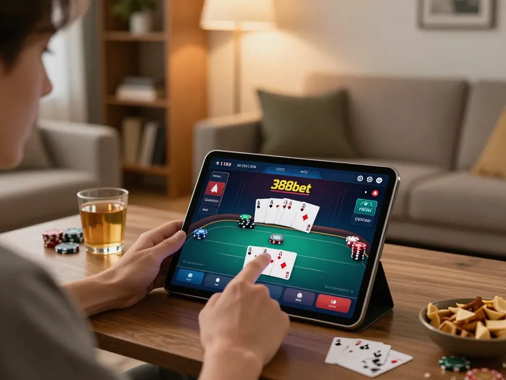 Engaging with the 388bet casino app in a cozy living room setting, showcasing strategic online poker gameplay.