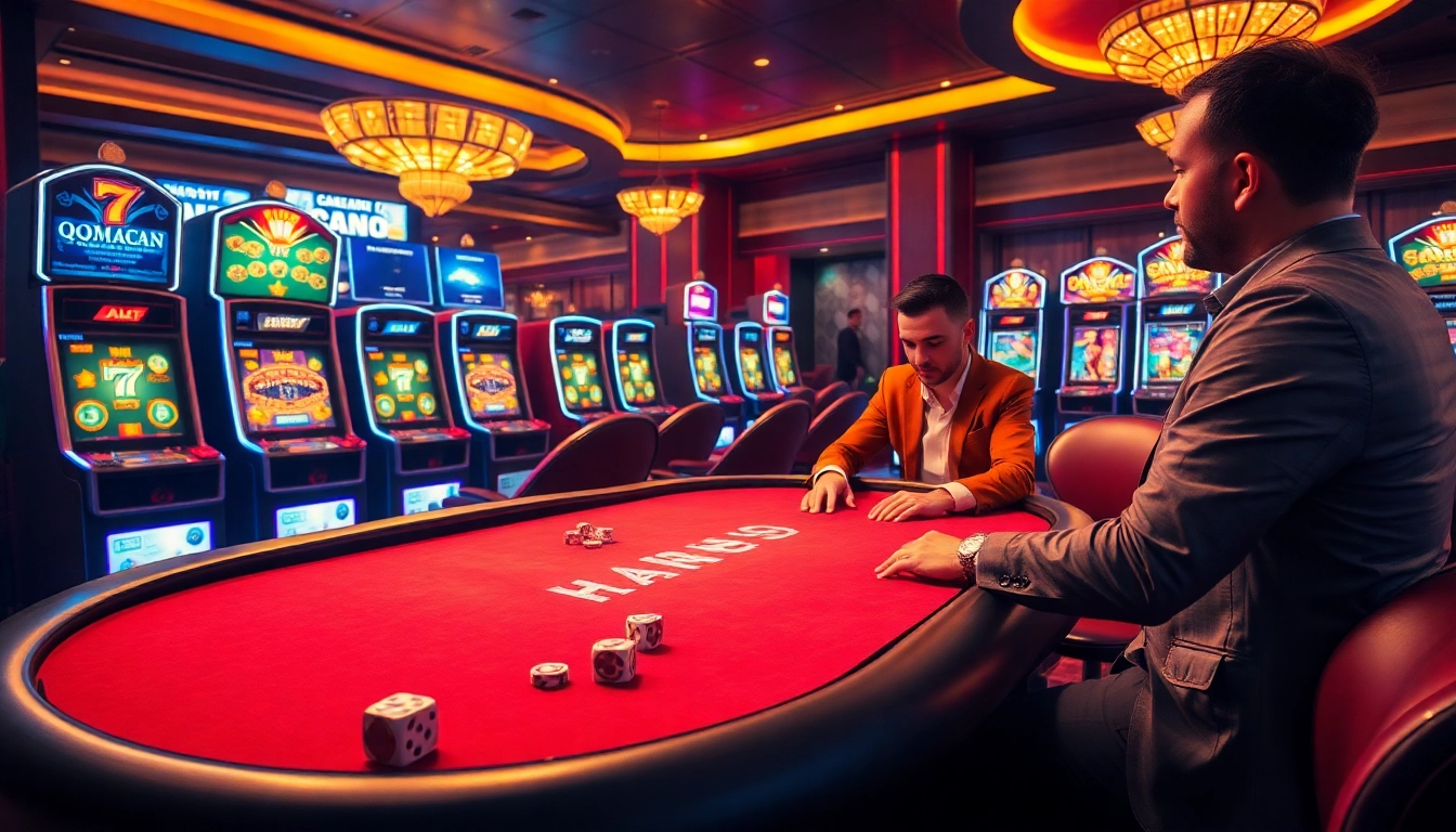 Engaging casino scene featuring qqmacan login with vibrant slot machines and poker table.