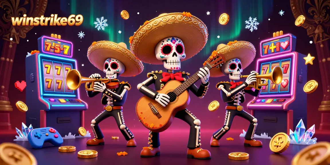 Experience the excitement of winstrike69 with our vibrant 3D cartoon skeleton mariachi band amidst festive casino elements!