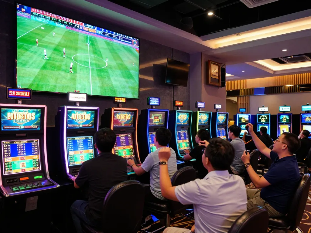 Place bets on kèo bóng đá trực tuyến in a lively modern sports betting area.