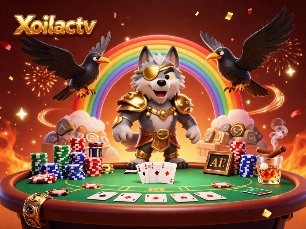 Xoilactv showcases an Odin wolf, mysterious ravens, and casino elements in an engaging illustration.