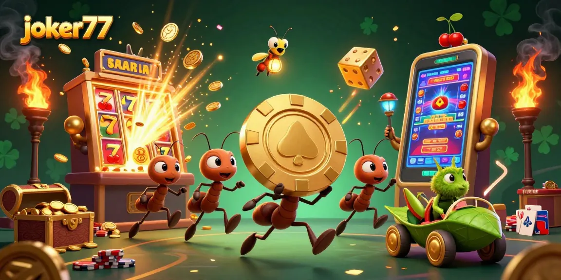 Engaging scene with joker77’s ants carrying a golden poker chip, celebrating wins in a vibrant casino.