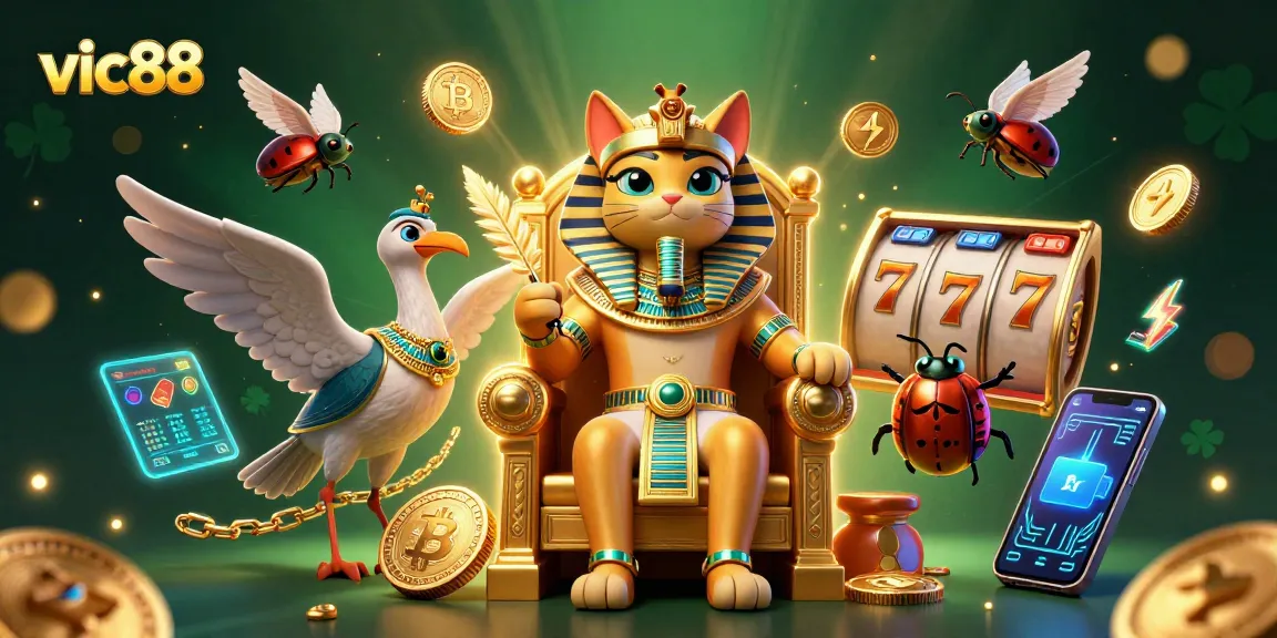Experience winning with vic88 in a vibrant 3D illustration of a casino theme with pharaoh elements.