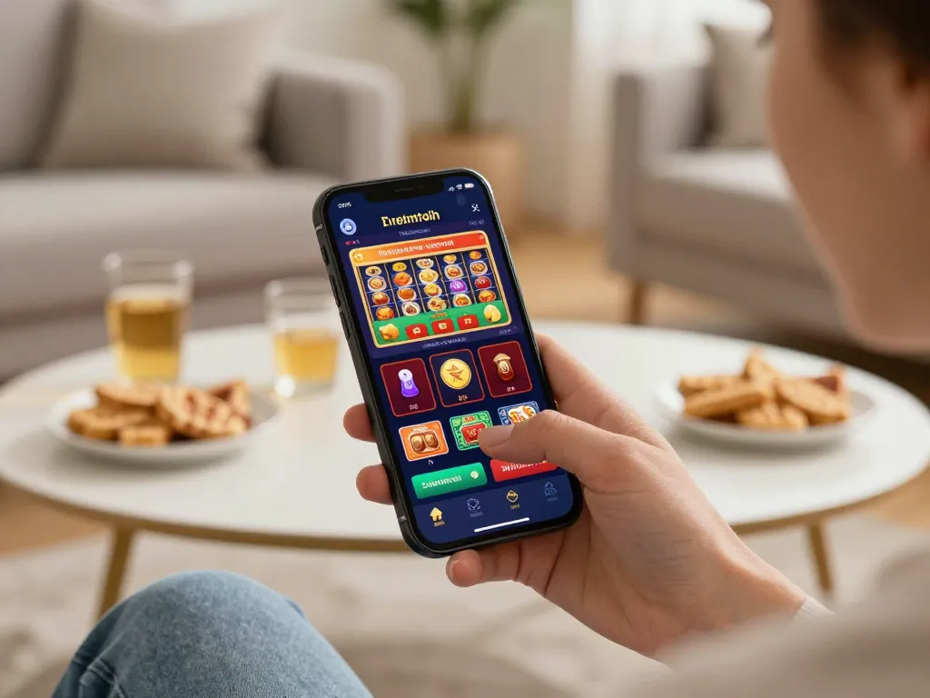 UU88 gaming enthusiast enjoying mobile casino app in cozy home setting, showcasing interactive gameplay.